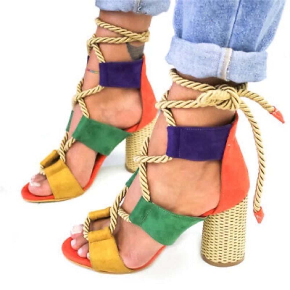 Multicolor Lace Up Sandals with Gold Rope Ties